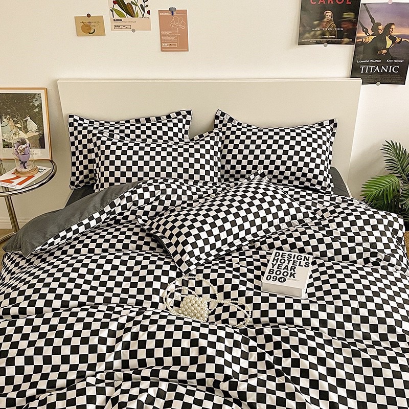 Bộ chăn ga Cotton Poly Bo Decor chăn ga Hàn Quốchoạ tiết ke den nho đủ size miễn phí bo chun