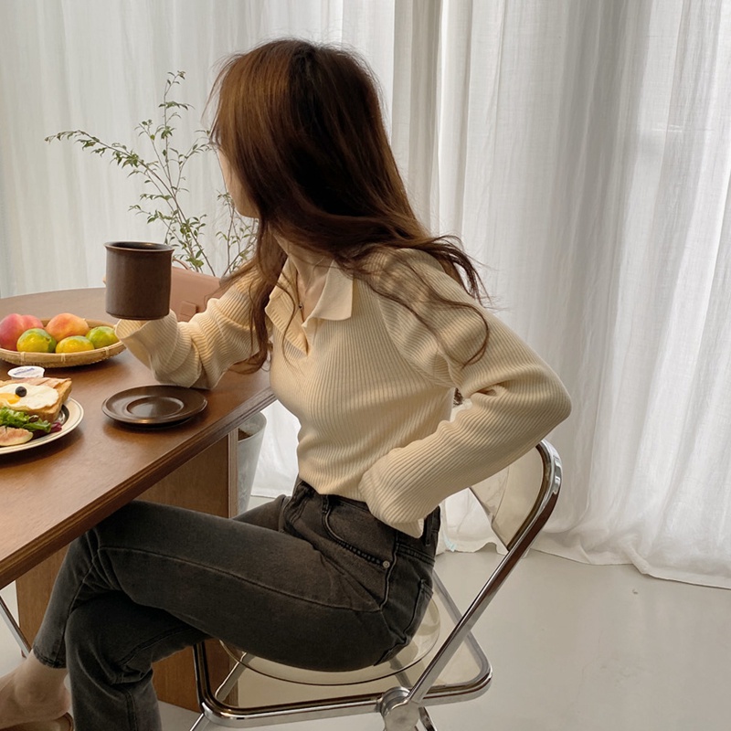 MURIOKI Áo Thun Polo Dệt Kim Tay Dài Cổ Chữ V Thời Trang Mùa Thu 2022 Phong Cách Hàn Quốc Cho Nữ