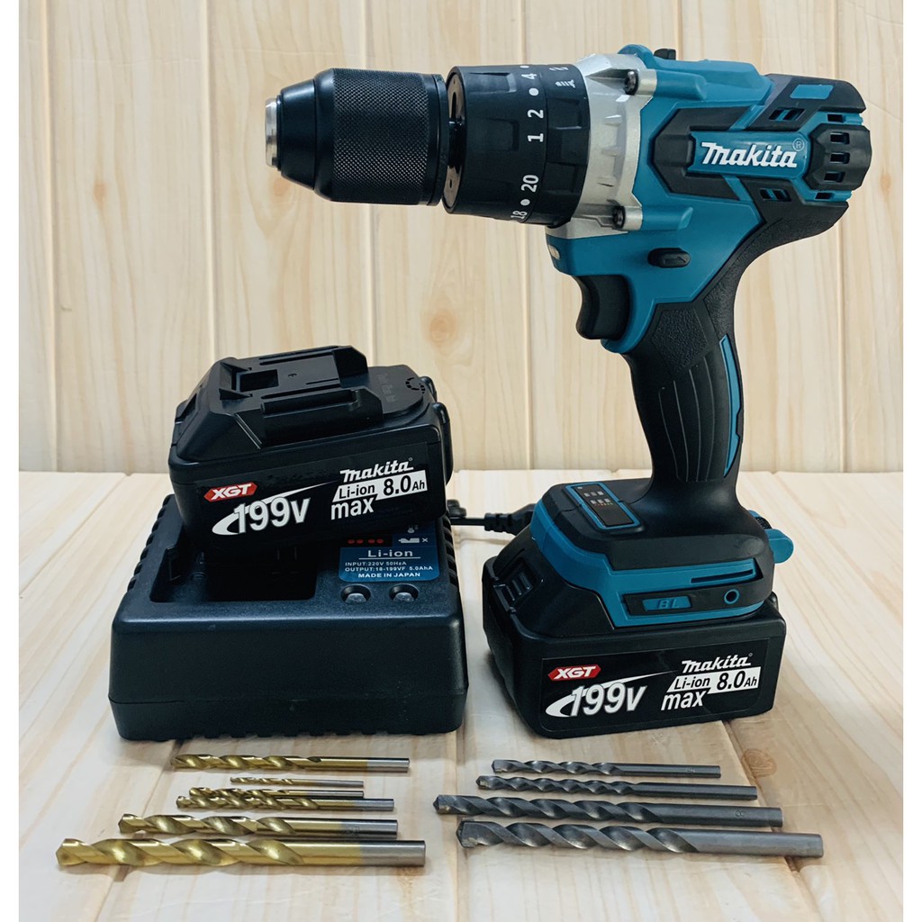 Máy khoan pin 199V Makita 3 chứ năng có búa - Động cơ không chổi than siêu mạnh mẽ - Tặng kèm 10 mũi khoan cao cấp