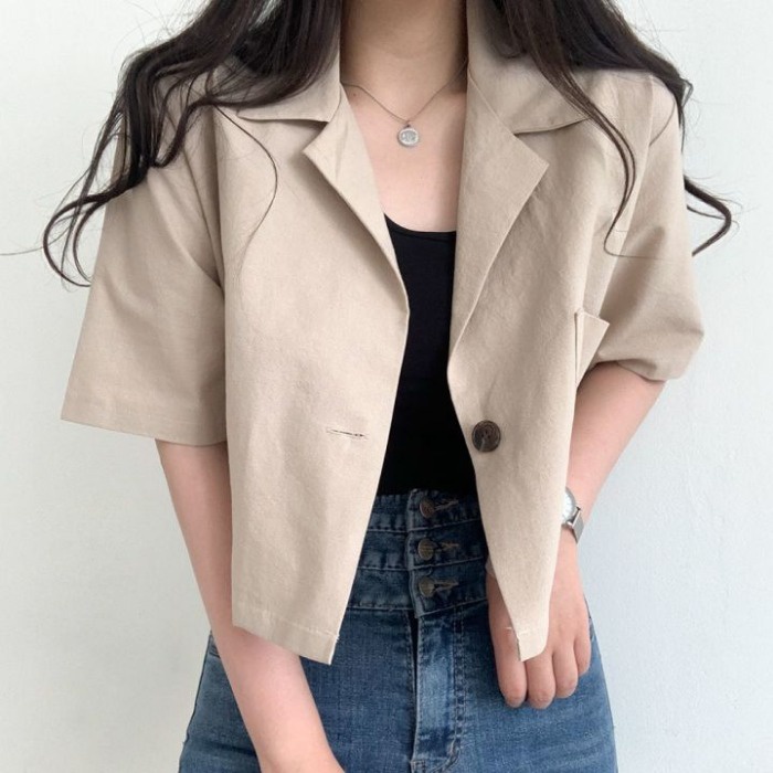 Áo khoác Blazer nữ 1 cúc Tay ngắn Thiết kế Hàn Quốc Blazer khoác lửng nữ Dáng ngắn Phong cách Retro Vintage Thời trang | BigBuy360 - bigbuy360.vn