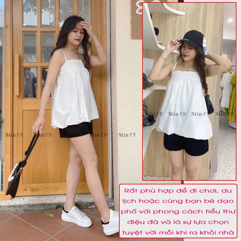 Sét Đồ Nữ MIN19 Sét Đồ Nữ Sang Chảnh Gồm Áo 2 Dây Bánh Bèo Tiểu Thư Form Rộng Phối Quần Short Ngắn Ống Rộng Lưng Cao