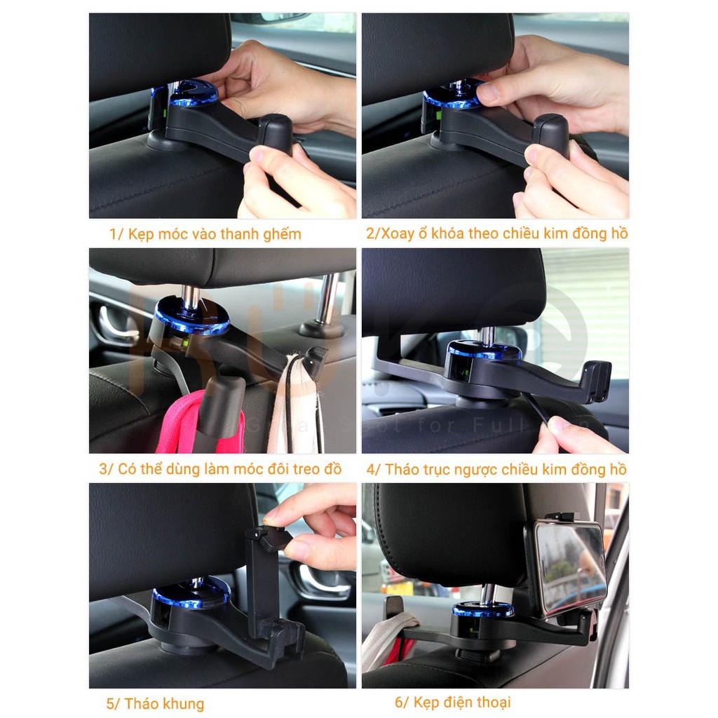 Móc kép treo đồ 2 đầu móc và kẹp giữ điện thoại cho xe hơi