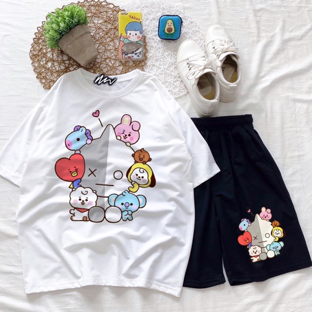 [17 Mẫu]Set Hoạt Hình Dễ Thương/Áo Thun Tay Lở+Short In Ảnh Thật