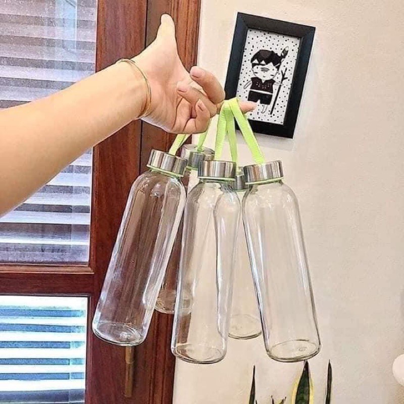 Chai Nước Thủy Tinh 500ml Nắp Dày Có Dây Xách Đựng Nước Trái Cây Nhỏ Gọn