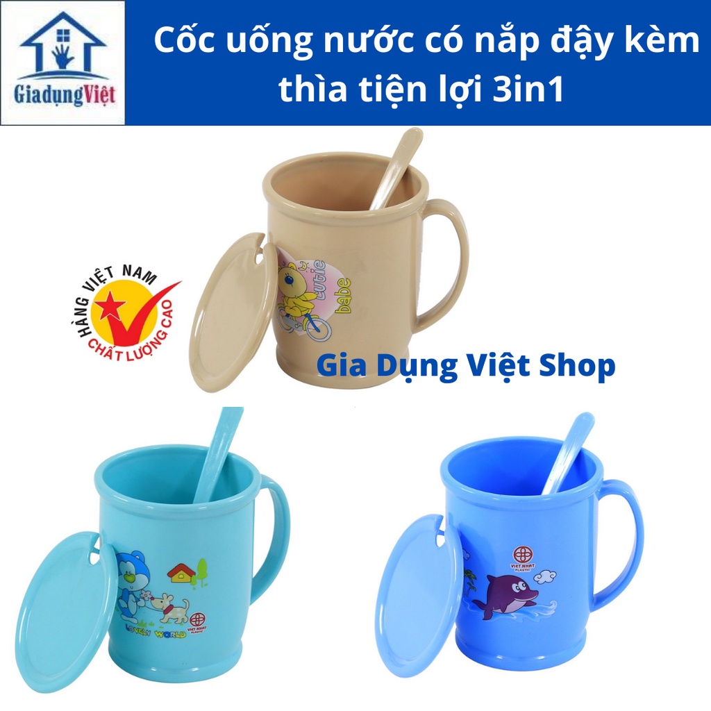 Cốc uống nước có nắp đậy kèm thìa nhựa Việt Nhật 6002
