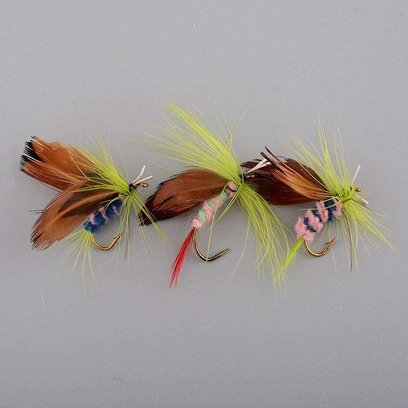 Bộ 12 mồi câu cá hình côn trùng bay tích hợp lưỡi câu thép các bon