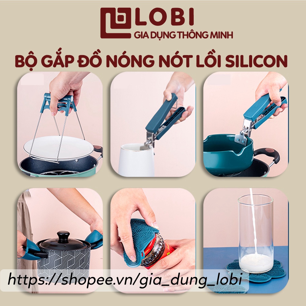 Dụng cụ kẹp gắp đồ nóng thức ăn đa năng inox chống phỏng kèm bộ găng tay, miếng lót nồi silicon