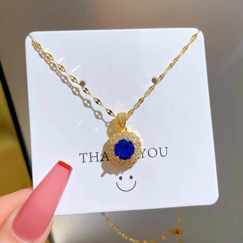 Vòng cổ Thép Titan Đính Đá sapphire Phong Cách Mới Cho Nữ