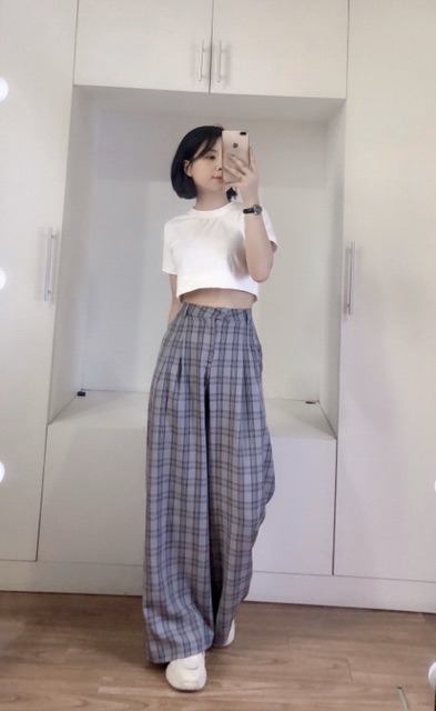 Delys - Quần vải ống xuông rộng (Caro Tím) | BigBuy360 - bigbuy360.vn