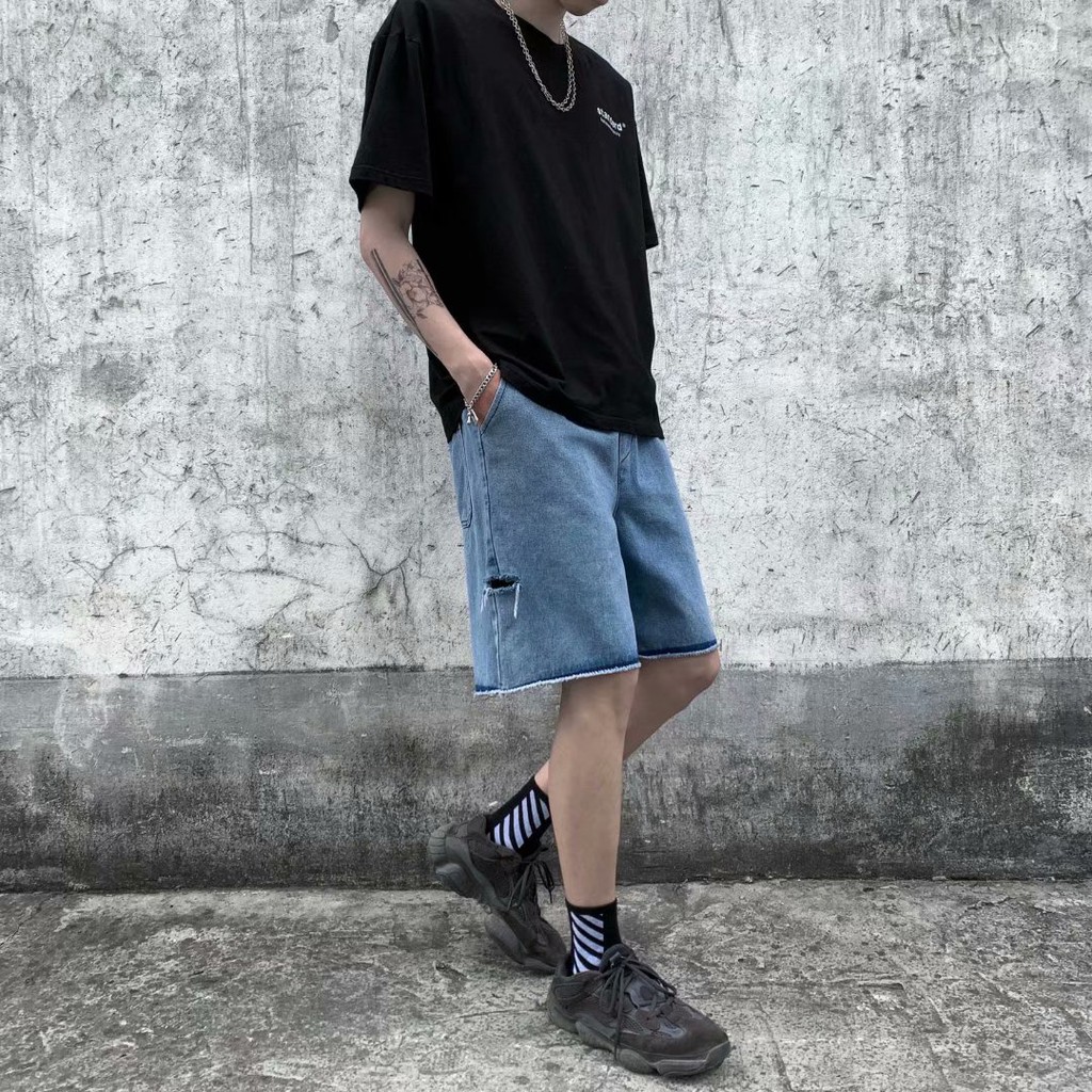 Quần Short Denim Ống Rộng Phối Rách Cá Tính Dành Cho Nam/ Kích Cỡ S-5XL | BigBuy360 - bigbuy360.vn