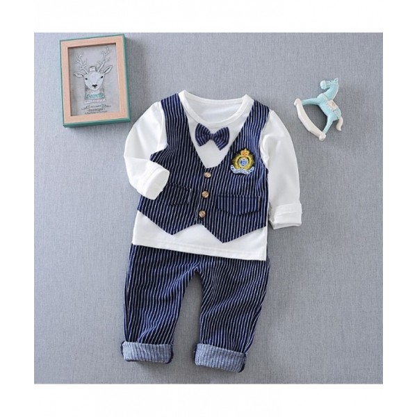 Set Áo Vest Kẻ Sọc + Quần Dài Màu Xanh Navy / Trắng Thời Trang Công Sở Thanh Lịch Cho Nữ