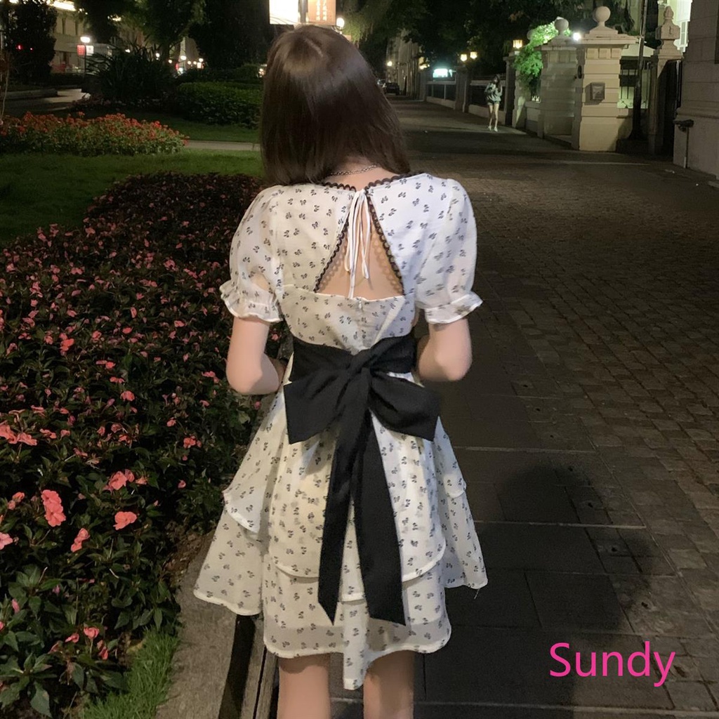 Đầm Hoa Hở Lưng Phối Nơ Thời Trang Mùa Hè Phong Cách Vintage