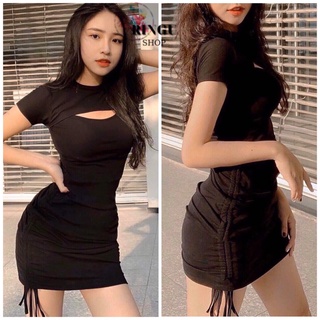 Váy đầm body khoét ngực rút sườn chất thun lụa-ringushop