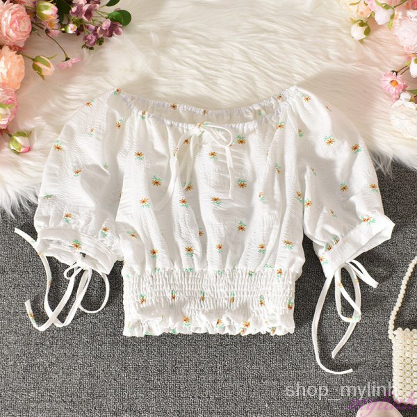 Áo sơ mi ngắn tay in hoa cúc nhỏ thắt nơ, áo sơ mi tay phồng