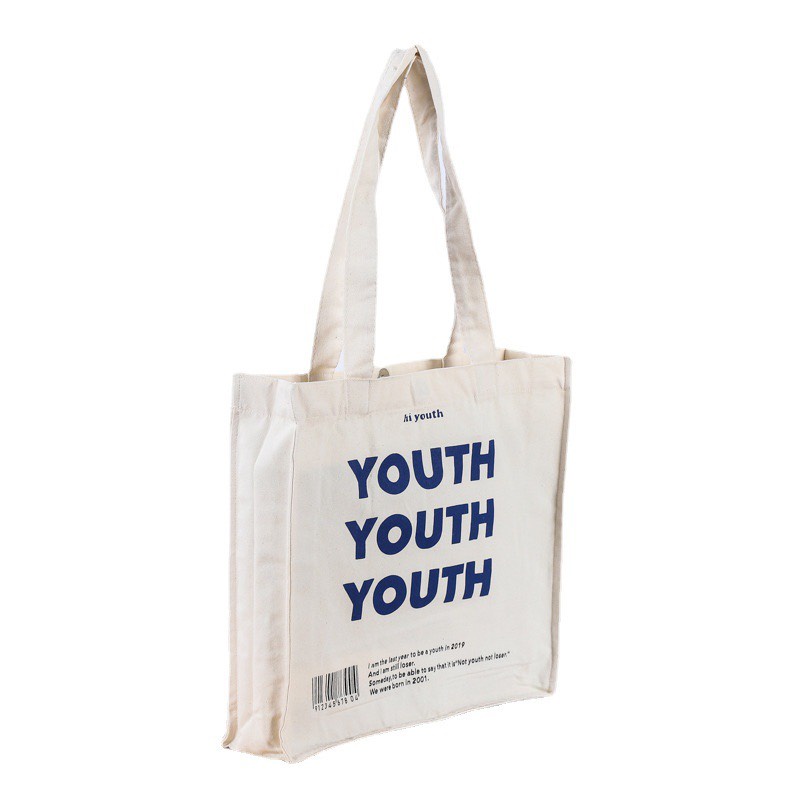 Túi tote HAZIN vải canvas ulzzang unisex họa tiết chữ Youth có túi nhỏ bên trong HZ06