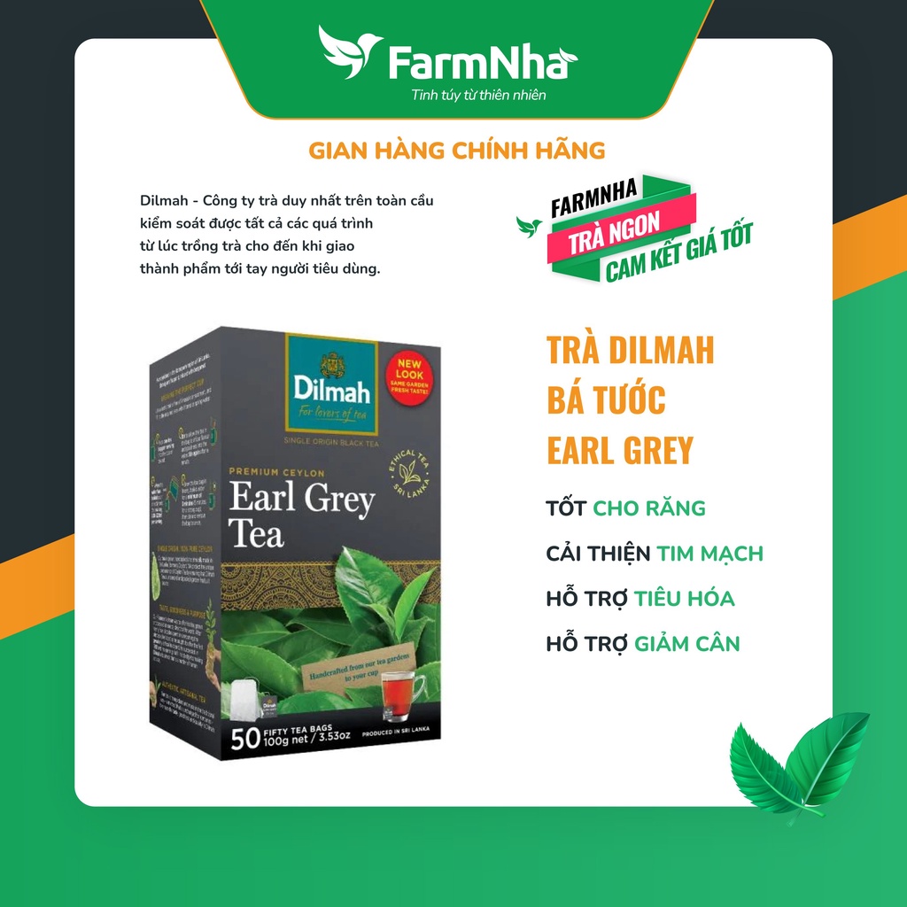 Trà Dilmah Premium Ceylon Earl Grey Tea (Trà Bá Tước Anh Quốc) 50g 25 túi x 2gr - Tinh hoa trà Sri Lanka