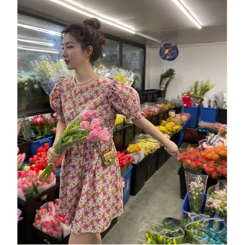 French round neck floral short-sleeved dress women's summer 2022 new Korean style high waist slimming A- line dress