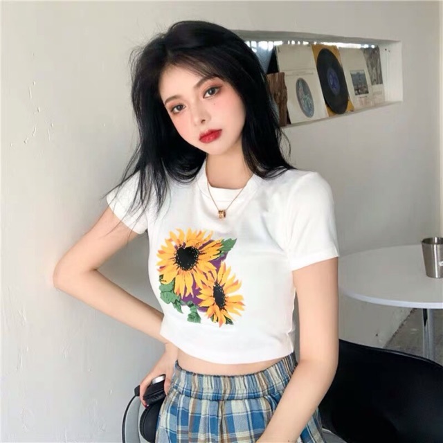 Áo thun lụa croptop in hoa nổi siêu xinh HÀNG Y HÌNH