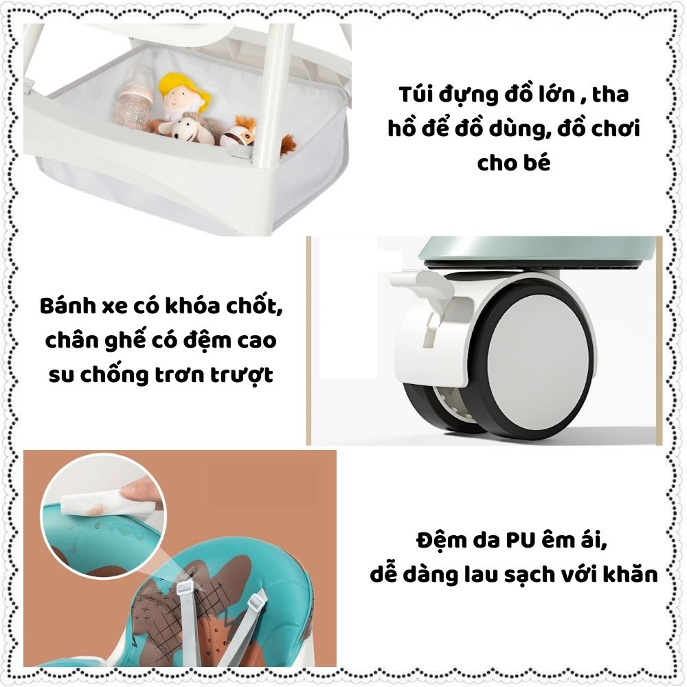 Ghế ăn dặm cho bé gấp gọn ngả lưng 3 chế độ chân cao có bánh xe kèm bập bênh khay ăn tháo rời mẫu mới nhất 2022