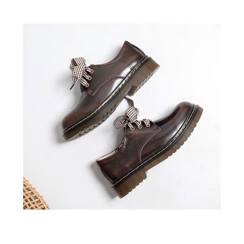 Giày nữ đa bò thật vintage phối ruy băng cao cấp