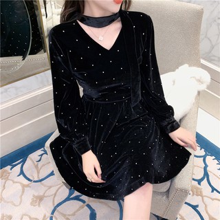 VÁY NHUNG ĐÍNH ĐÁ CỔ CHOKER QUẢNG CHÂU ORDER MÃ 49563