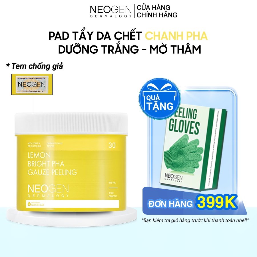 Pad Tẩy Da Chết Chiết Xuất Chanh PHA, Dưỡng Sáng Da Neogen Dermalogy Lemon Bight PHA Gauze Peeling 30 miếng