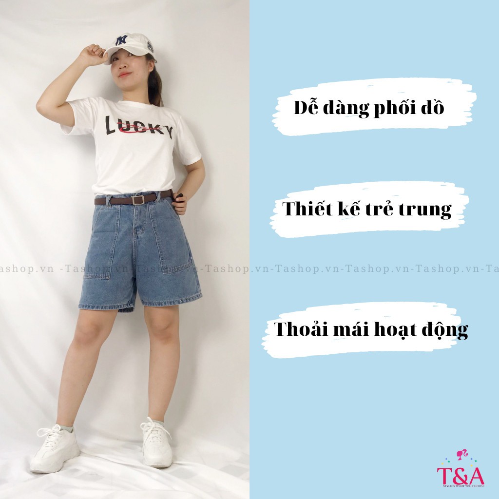 Quần Shorts Jeans Nữ Ống Rộng Túi Vuông Màu Xanh Nhạt Kèm Đai Nhân Cá Tính - 518