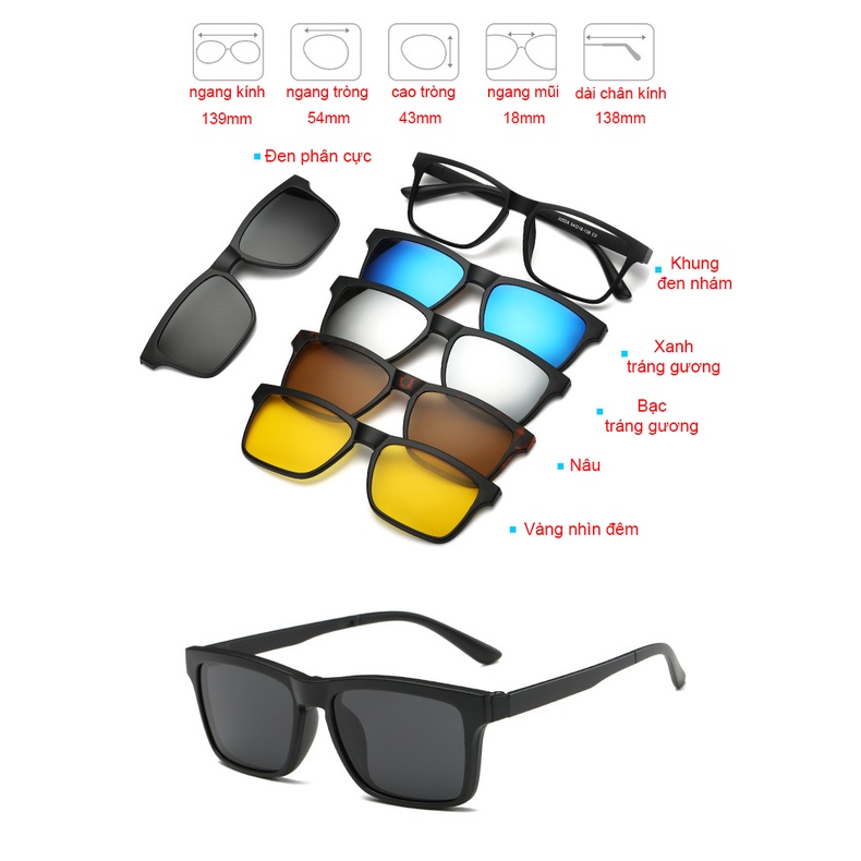Gọng kính cận râm tháo lắp 5 in 1