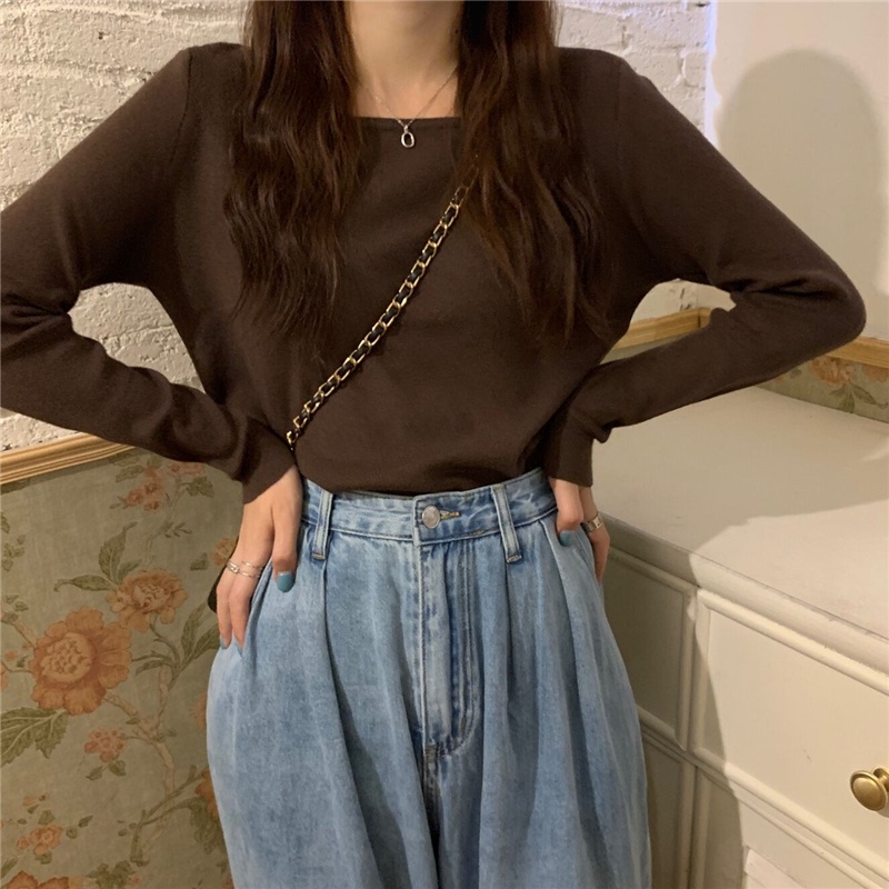 NZN Áo thun dệt kim cổ vuông màu trơn thời trang cho nữ