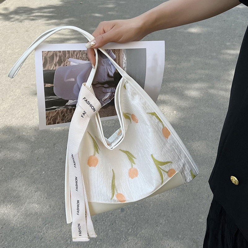 Túi Tote Đeo Vai Cỡ Lớn Thêu Họa Tiết Hoa Tulip Tinh Tế Thời Trang Cắm Trại/ Dã Ngoại