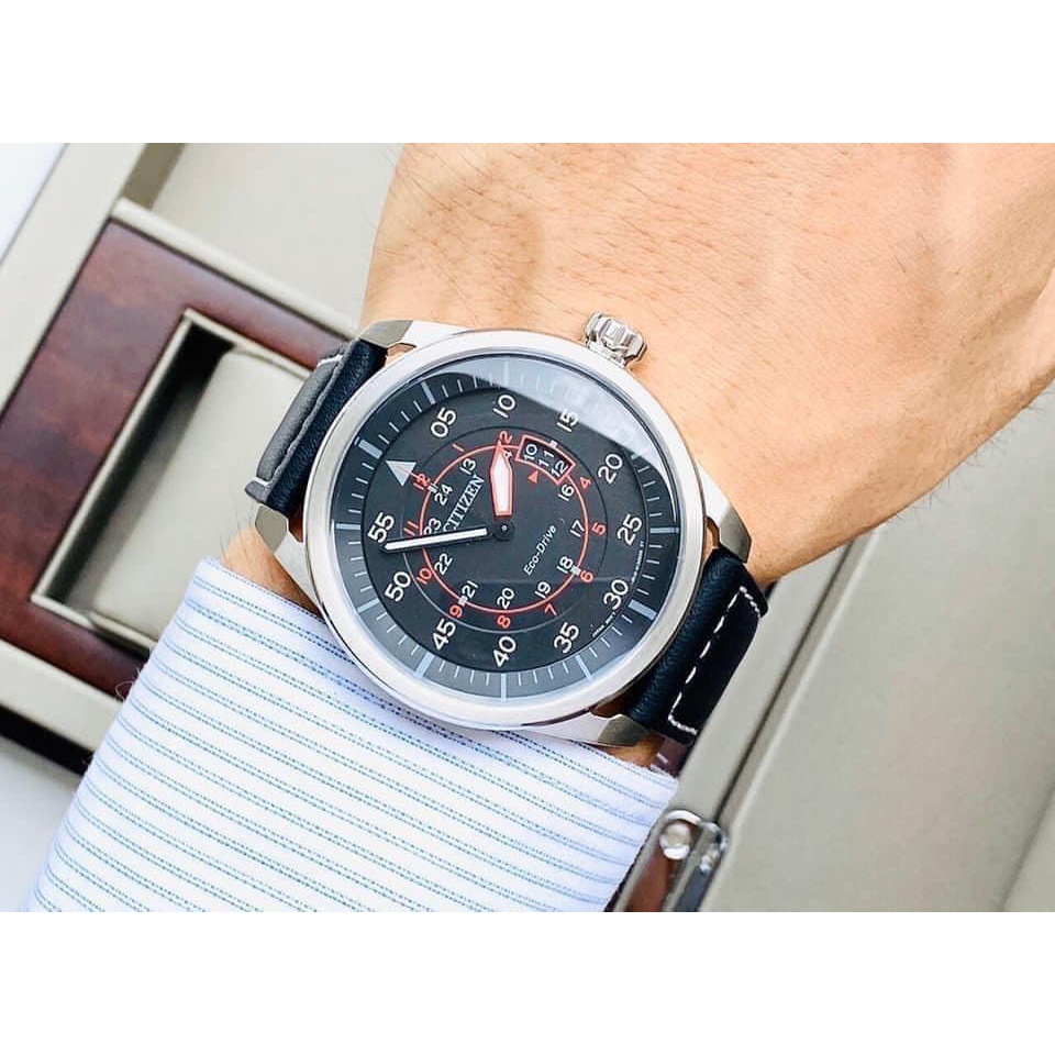 Đồng hồ nam Citizen AW1361-01E dây da đen, mặt đen - Eco Drive