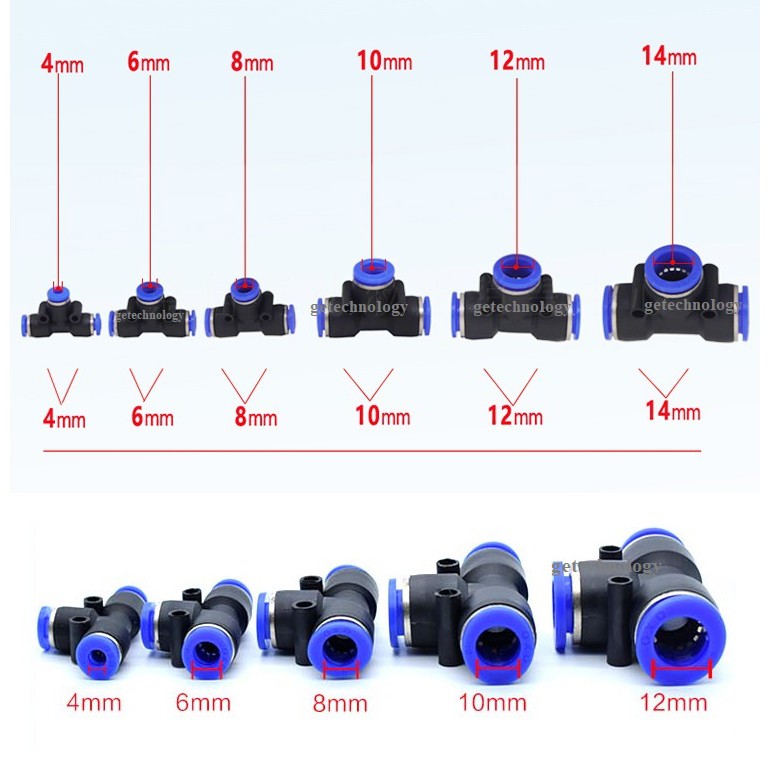ĐẦU NỐI NHANH CHỮ T, ĐẦU NỐI KHÍ NÉN CHỮ T PE-4 PE-6 PE-8 PE-10 PE-12 PE-14 PE-16