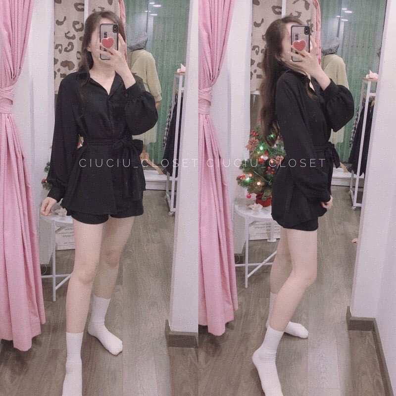 Sét áo sơ mi quần đùi lụa kèm đai buộc HSU1