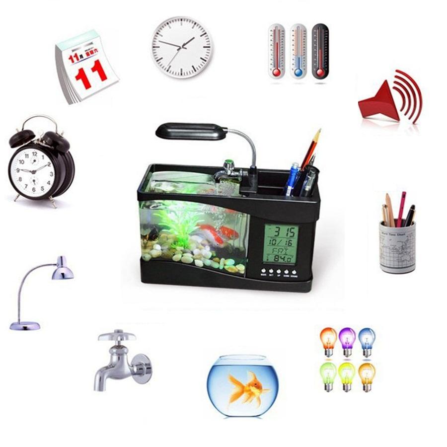 Bể cá mini usb để bàn AQUARIUM Có Sử Dụng Màn Hình LCD: hiển thị đồng hồ; Lịch; Báo Thức; Nhiệt Độ.