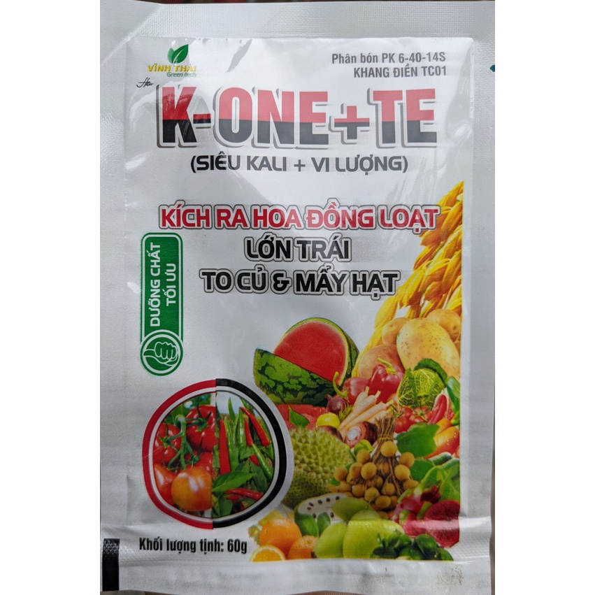 Phân bón K-ONE (Siêu kali + Vi lượng) 60g. Kích ra hoa đồng loạt, Lớn trái, to củ, mẩy hạt