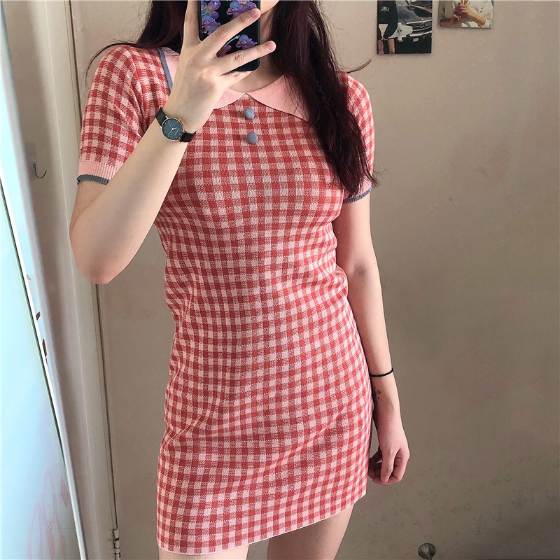 KÈM ẢNH THẬT- (ORDER) Váy len tăm POLO cộc tay sọc caro đỏ hồng pastel cổ bẻ ôm body style Hàn Quốc (MẪU _MỚI_2020)