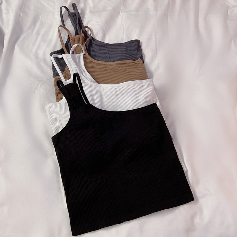 Áo Croptop Hai Dây Co Giãn Màu Trơn Có Đệm Ngực Mềm Mại Phong Cách Đường Phố Gợi Cảm Cho Nữ