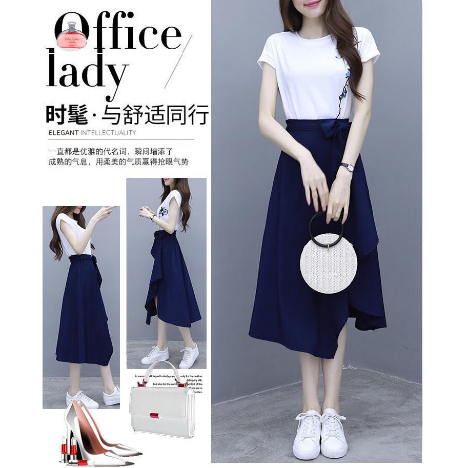 Set Áo Thun Tay Lỡ Dáng Rộng + Chân Váy Xẻ Tà Phong Cách Hàn Quốc Thời Trang Cho Nữ C6010