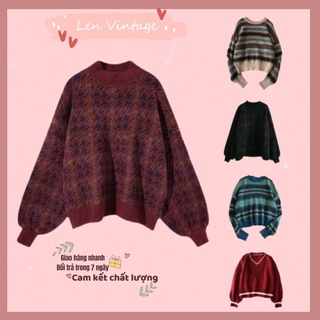 Áo len hoạ tiết Vintage oversize xinh xắn retro kết hợp váy trơn áo sơ mi mùa thu đông sinh viên phong cách Nhật