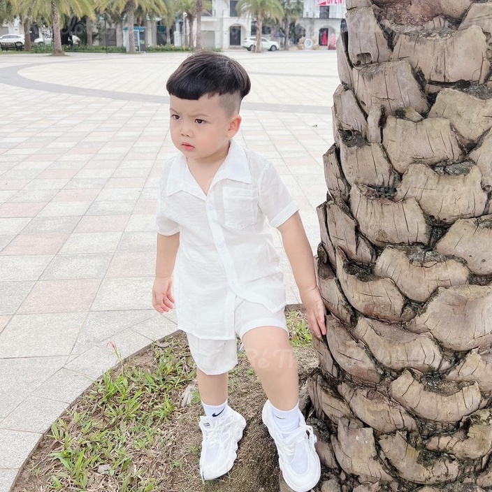 Bộ công tử bé trai, Set Áo sơ mi ngắn tay cổ vest túi ngực và quần short cạp chun chất đũi cho bé từ 7-18 kg, SUN KID'S
