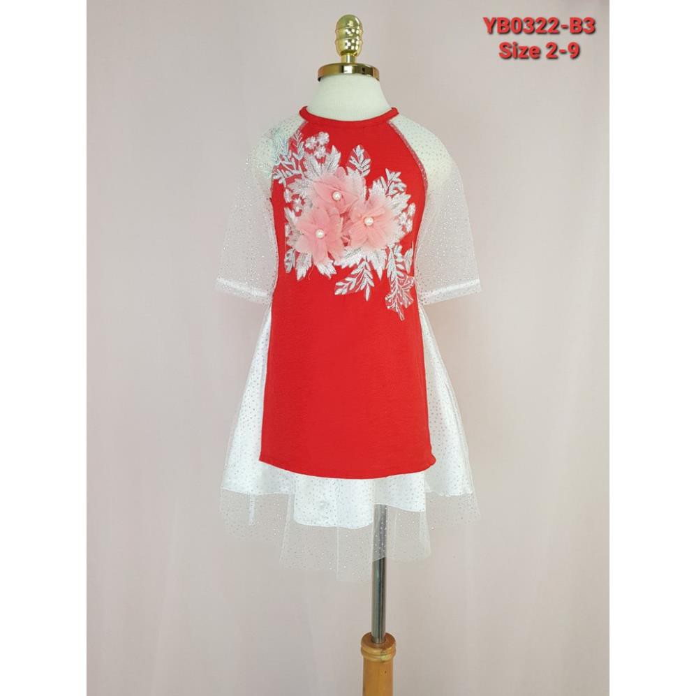 YB0322-B3 - Bộ bé gái áo dài gấm ren chân váy , đính hoa hồng 3D , màu đỏ , size 2t-9t , ri8 .