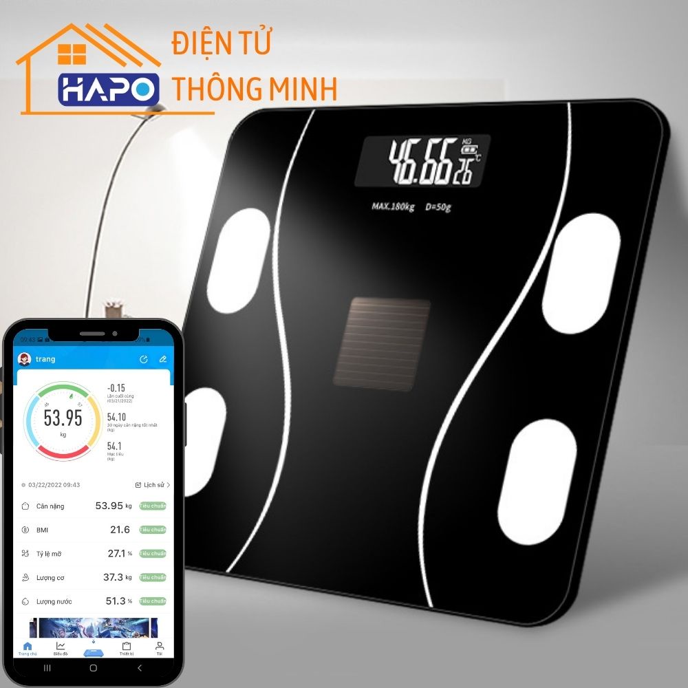 Cân điện tử thông minh kết nối ứng dụng bluetooth, Cân sức khỏe màn hình LCD theo dõi các chỉ số, Cân gia đình