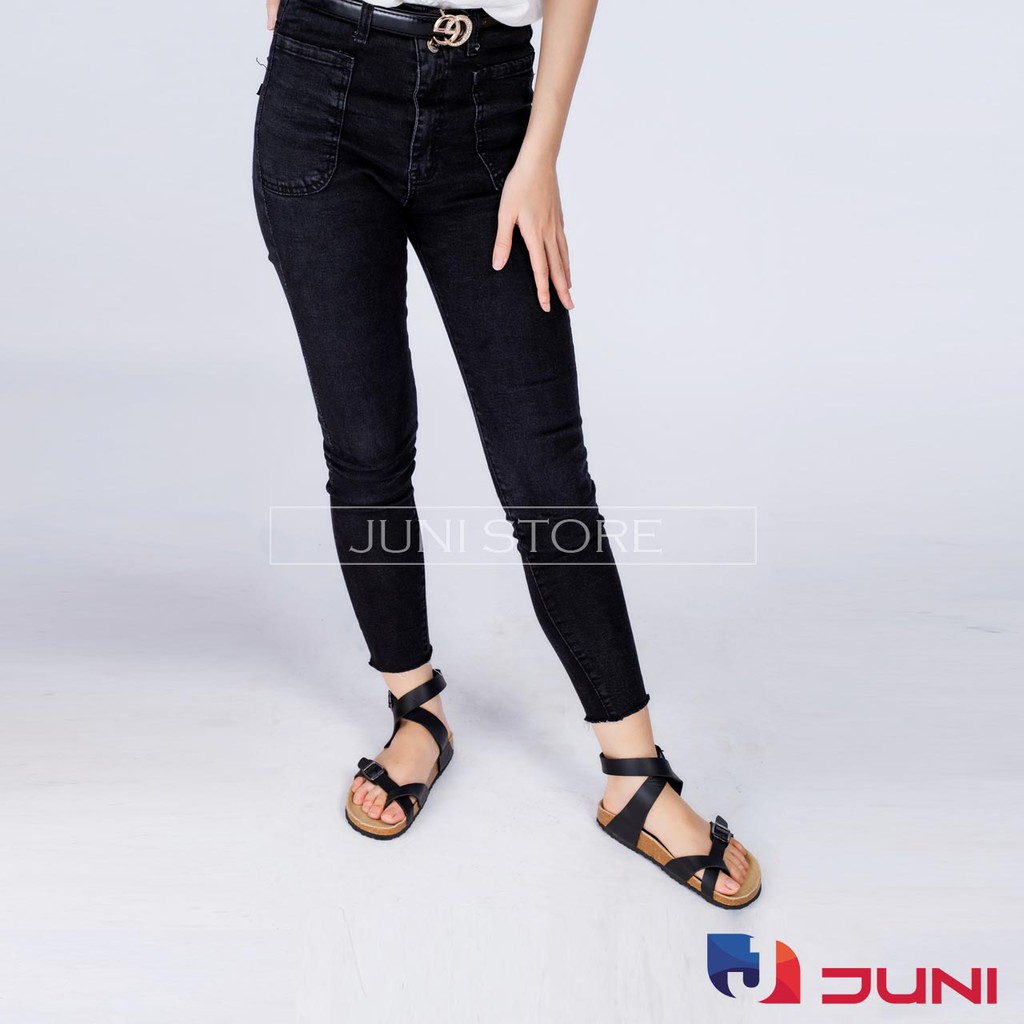 [DA PU/CHỐNG NƯỚC] PU16-Dép da sandal cao cổ Unisex, Màu đen, đế trấu Bioline Birken- Xuất khẩu châu Âu - Juni Store