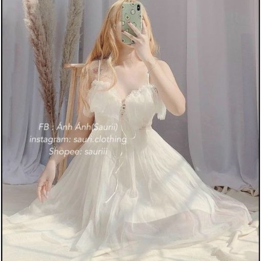 Đầm công chúa 2 dây trễ vai vôn lưới cực xinh (HÌNH+VIDEO THẬT100%)