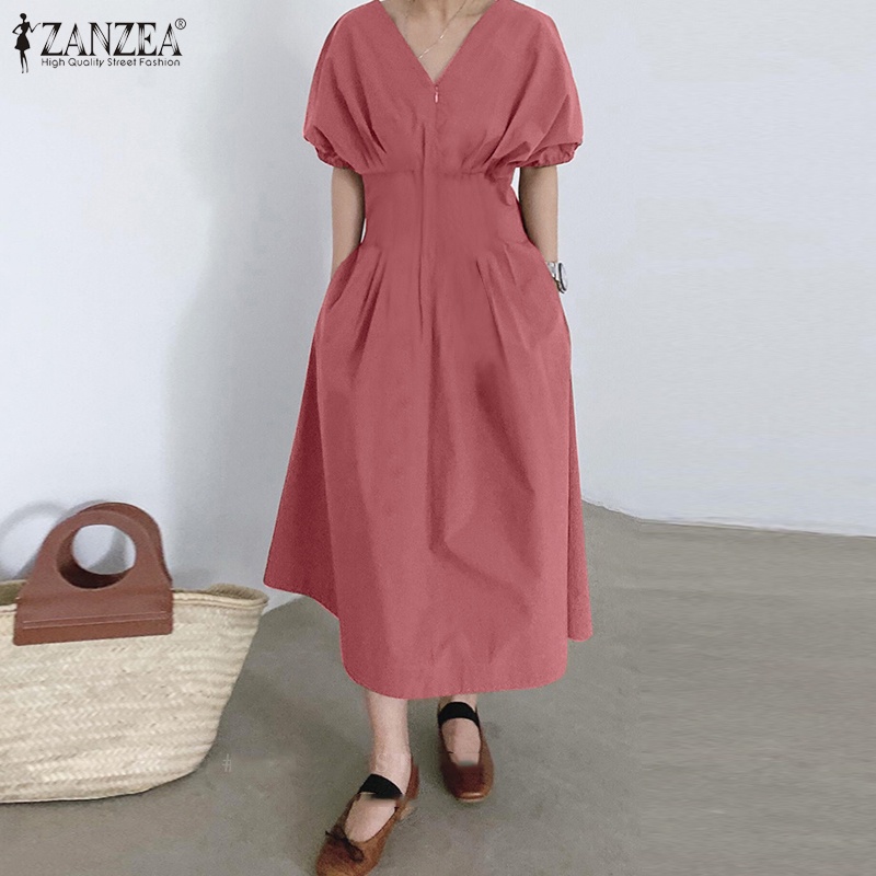 Đầm Zanzea dài tay cổ V tay ngắn phồng xếp ly thời trang cho nữ