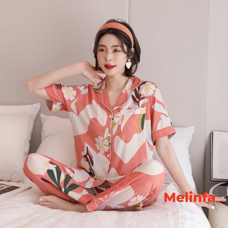 Bộ đồ ngủ Pijamas, bộ đồ mặc nhà nữ cộc tay, quần dài chất vải Cotton lụa tự nhiên thoáng mát nhiều màu mã  VABD0174