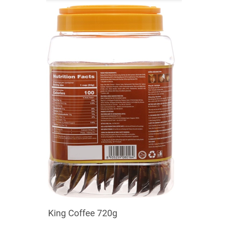 Cà phê king sữa hòa tan 3in1 - hộp nhựa 30 gói x 24gr, date:11.2022