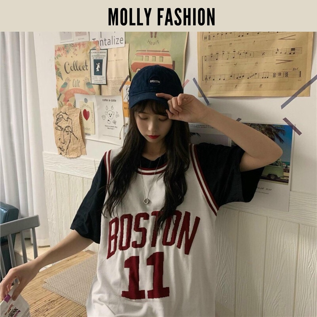 Áo thun tay lỡ Unisex form rộng Bóng Rổ phối tay BQSTON 11 Freesize dành cho nam nữ Molly Fashion