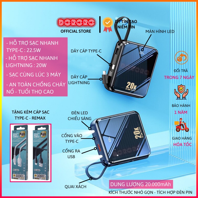 Sạc dự phòng  REMAX 20000mAh /10000mAh 22.5W RPP-51/RPP-285 - Pin dự phòng REMAX có cáp sạc nhanh cho IP và Android
