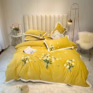 Bộ chăn ga gối nỉ nhung cao cấp thêu hoa cúc hoạ my
